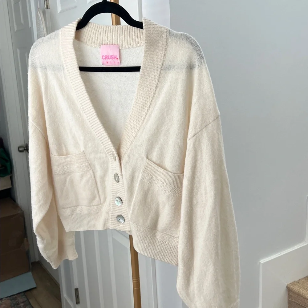 CRUSH Collection Acai Cashmere V Neck Button Down Relaxed Cardigan White Cream S - Picture 5 of 11